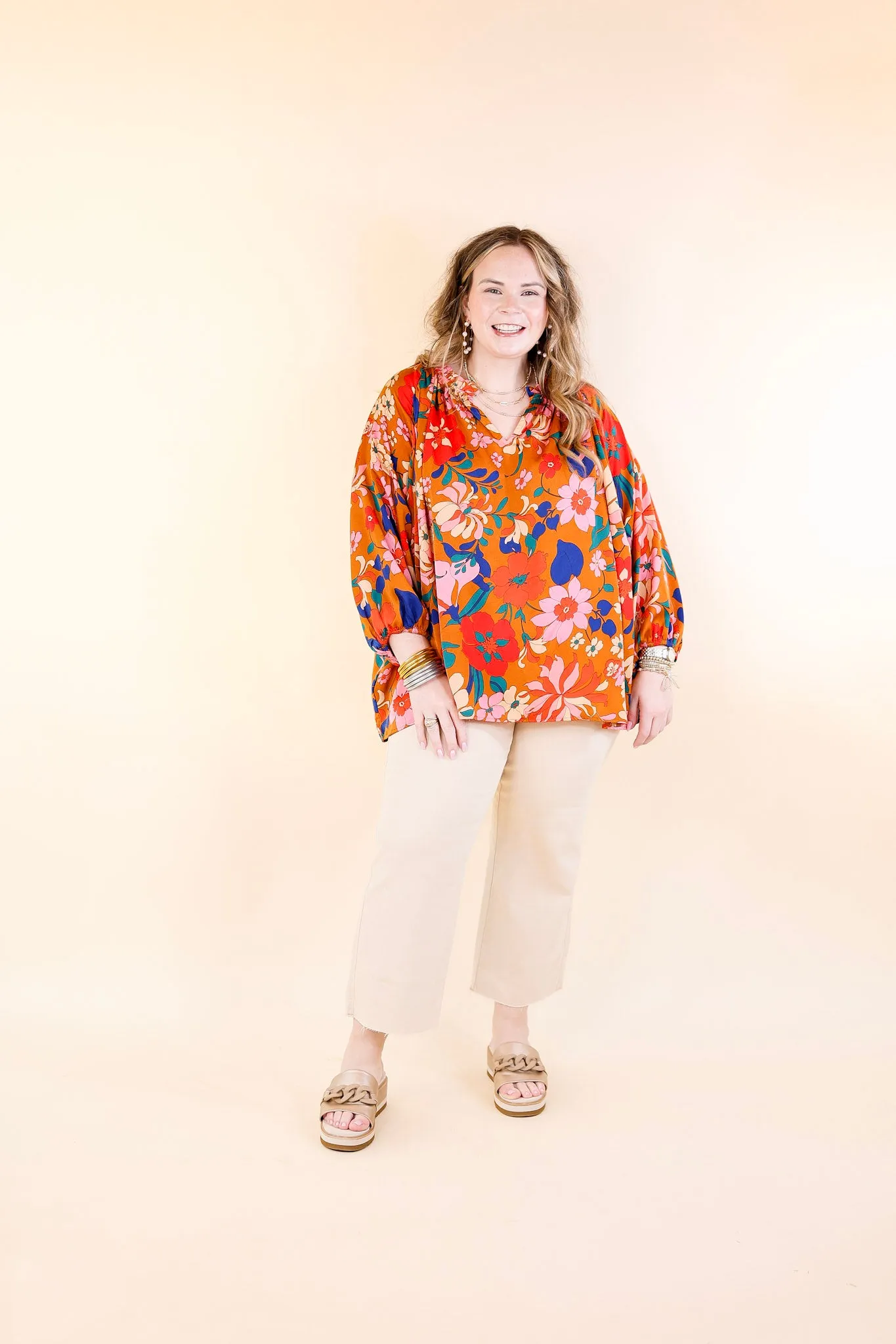 Falling For Floral 3/4 Sleeve Top with Notched Neck in Camel Brown