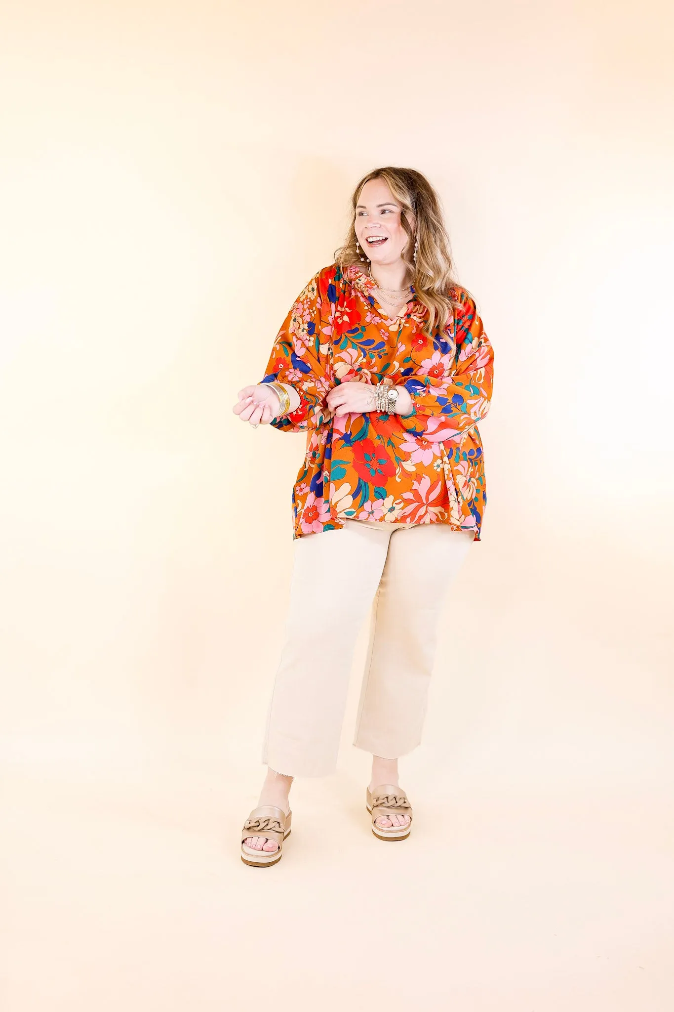 Falling For Floral 3/4 Sleeve Top with Notched Neck in Camel Brown