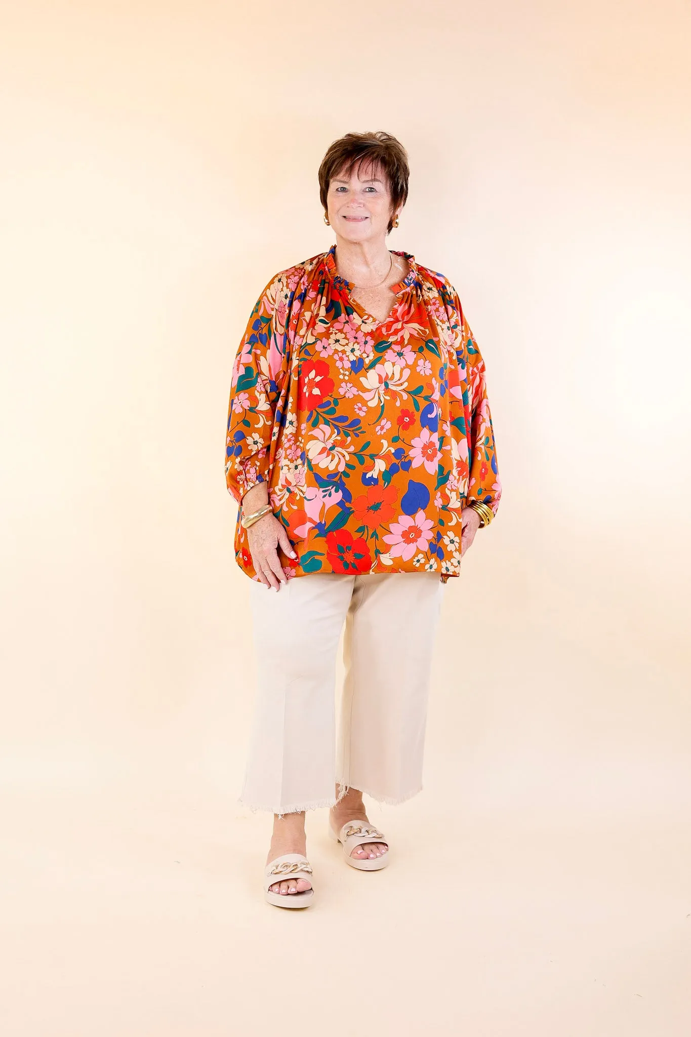 Falling For Floral 3/4 Sleeve Top with Notched Neck in Camel Brown