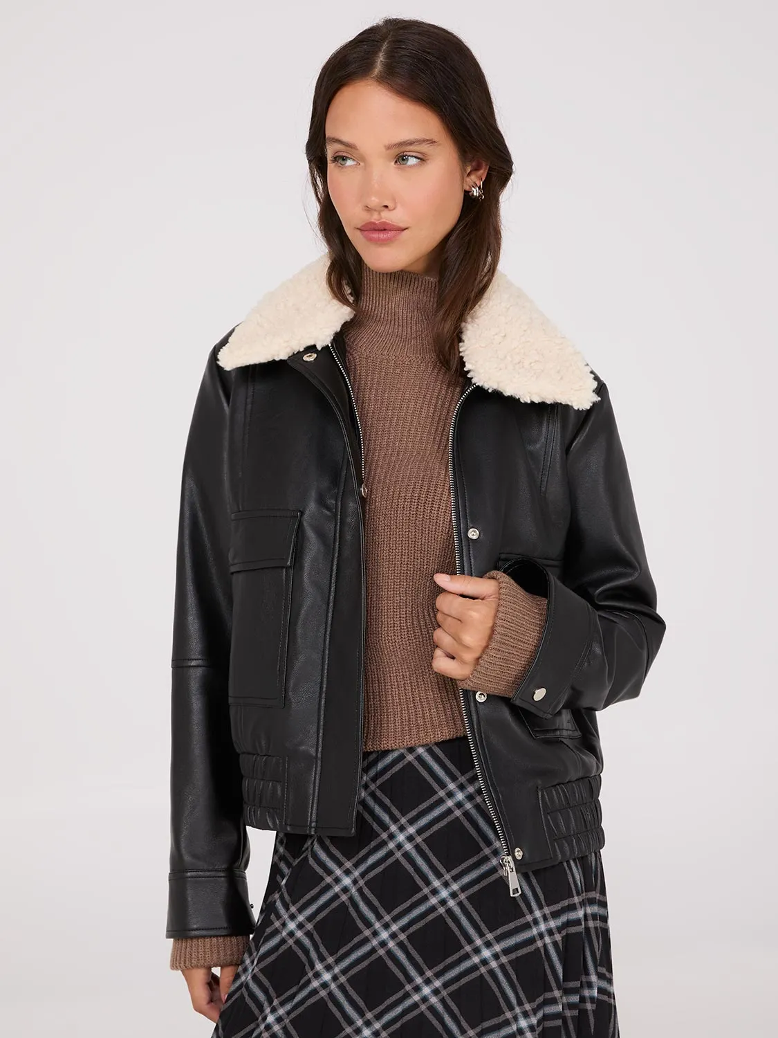 Faux Leather Jacket With Shearling Collar