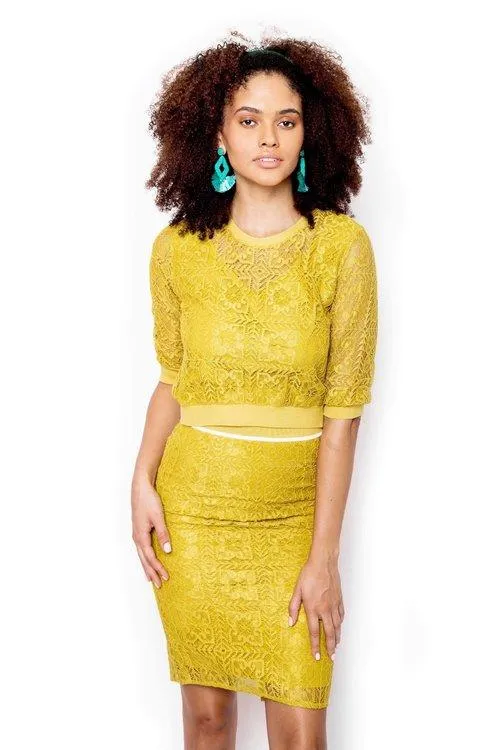 FINAL SALE Limited edition muted yellow lace vintage pencil lace skirt   top two piece suit set-Kaliska