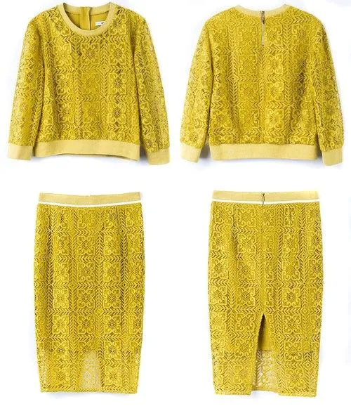 FINAL SALE Limited edition muted yellow lace vintage pencil lace skirt   top two piece suit set-Kaliska