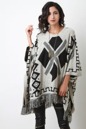 Fringe Hem Pattern Poncho Top