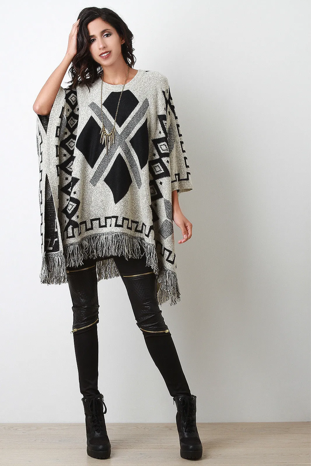 Fringe Hem Pattern Poncho Top