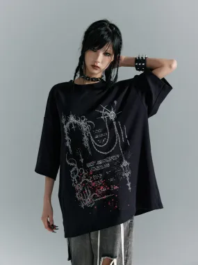 Frustration Garden Gothic Punk Oversized T-Shirt - Black With Abstract Grunge Print And Red Splatter