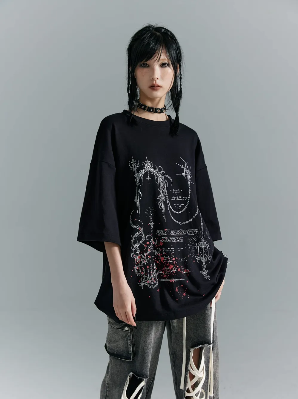 Frustration Garden Gothic Punk Oversized T-Shirt - Black With Abstract Grunge Print And Red Splatter