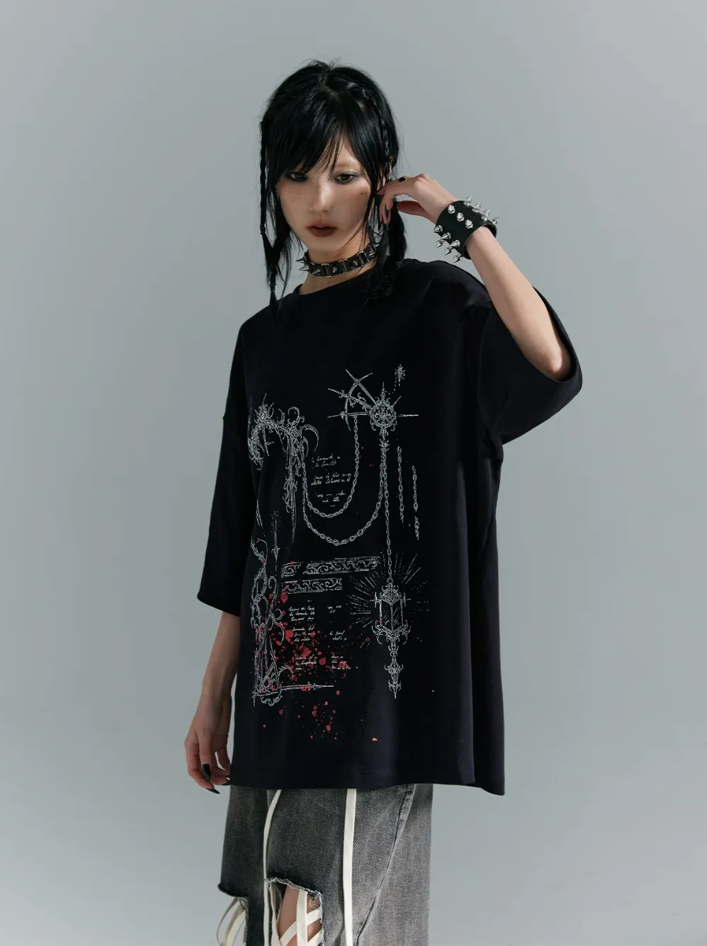 Frustration Garden Gothic Punk Oversized T-Shirt - Black With Abstract Grunge Print And Red Splatter