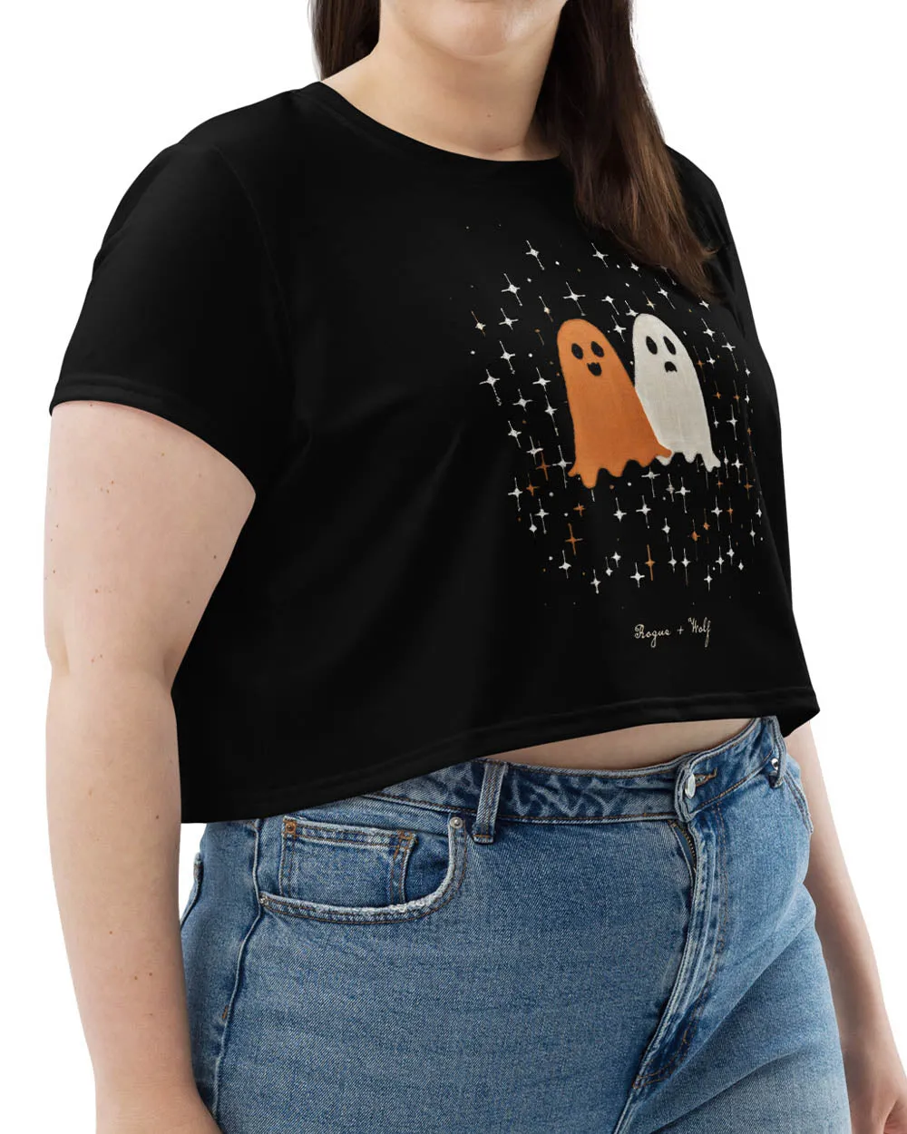 Ghost Besties Short Sleeve Crop Top - Dark Academia Spooky Ghosts Tee, Witchy Gothic Occult Fashion, Xmas Goth Gifts