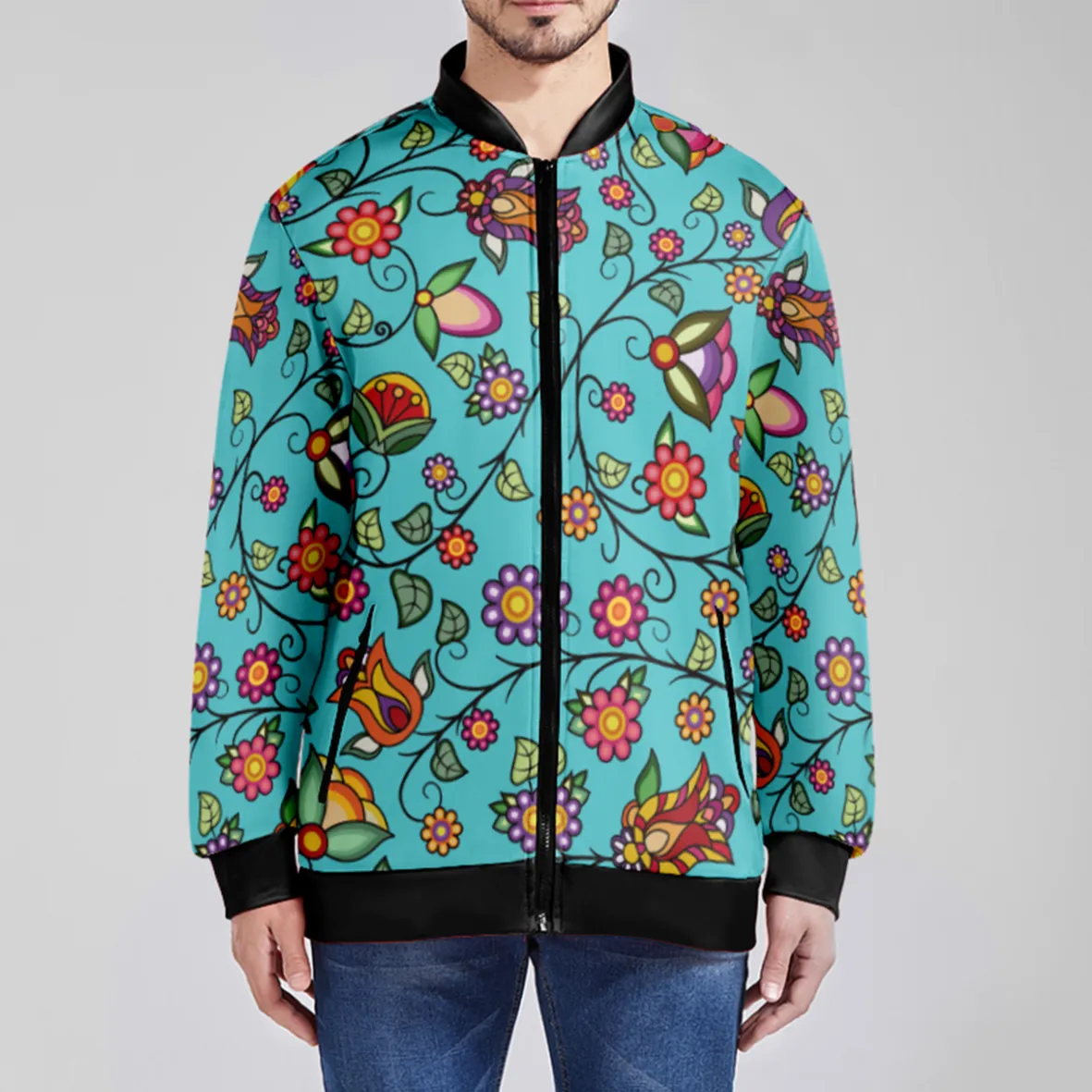 Heartbeat Petals Turquoise Zippered Collared Lightweight Jacket