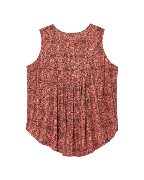 Honora Sleeveless Printed Blouse with Pleats | Red / Orange