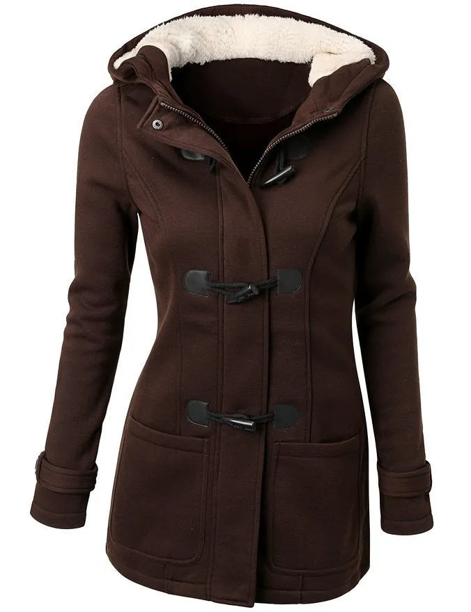 Horn Buttoned Autumn Long Hooded Coat