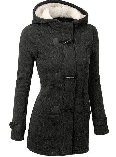 Horn Buttoned Autumn Long Hooded Coat