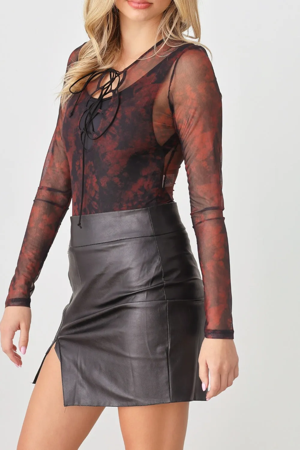 Hot Girl HERA Abstract Mesh Lace-Up Long Sleeve Bodysuit