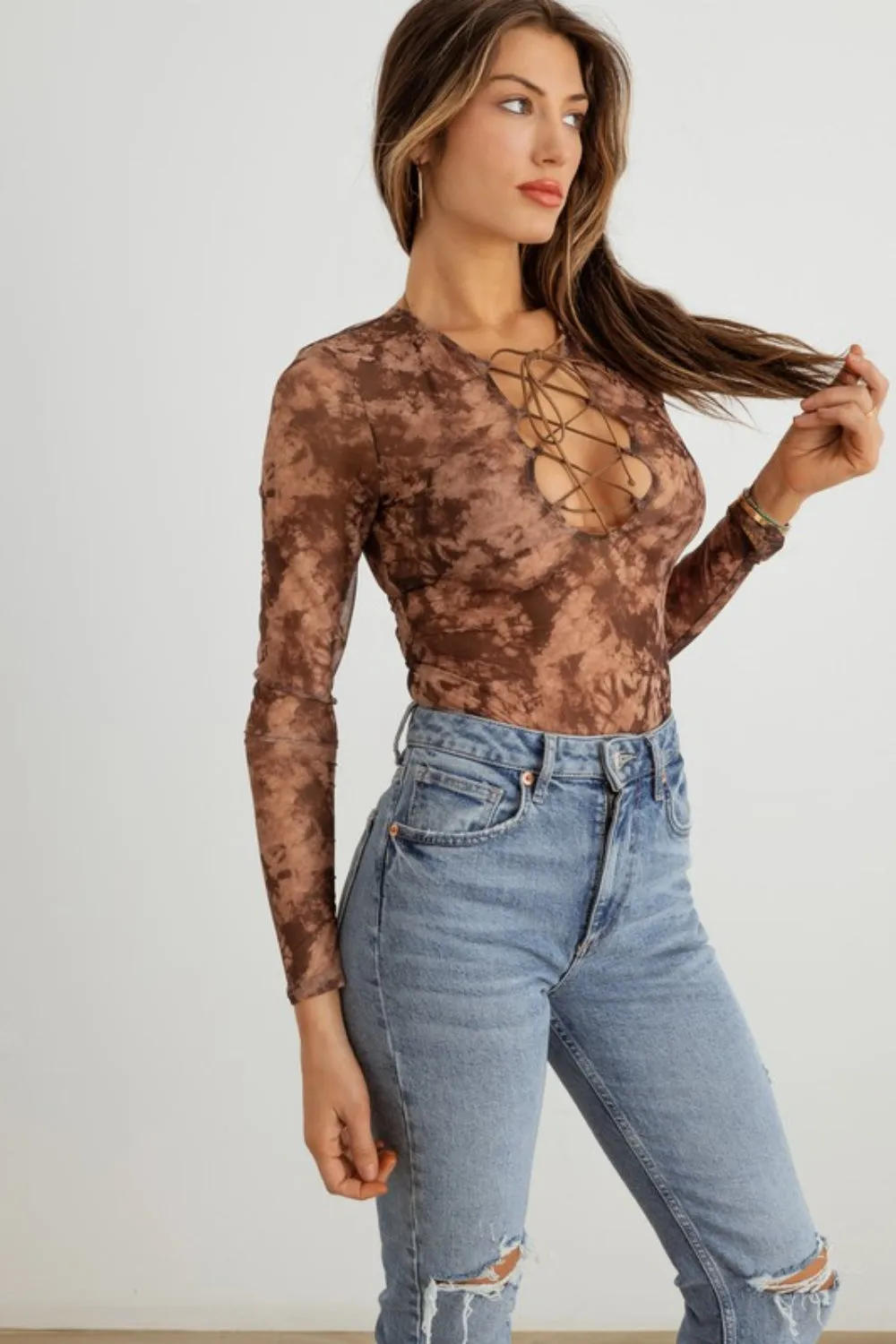 Hot Girl HERA Abstract Mesh Lace-Up Long Sleeve Bodysuit