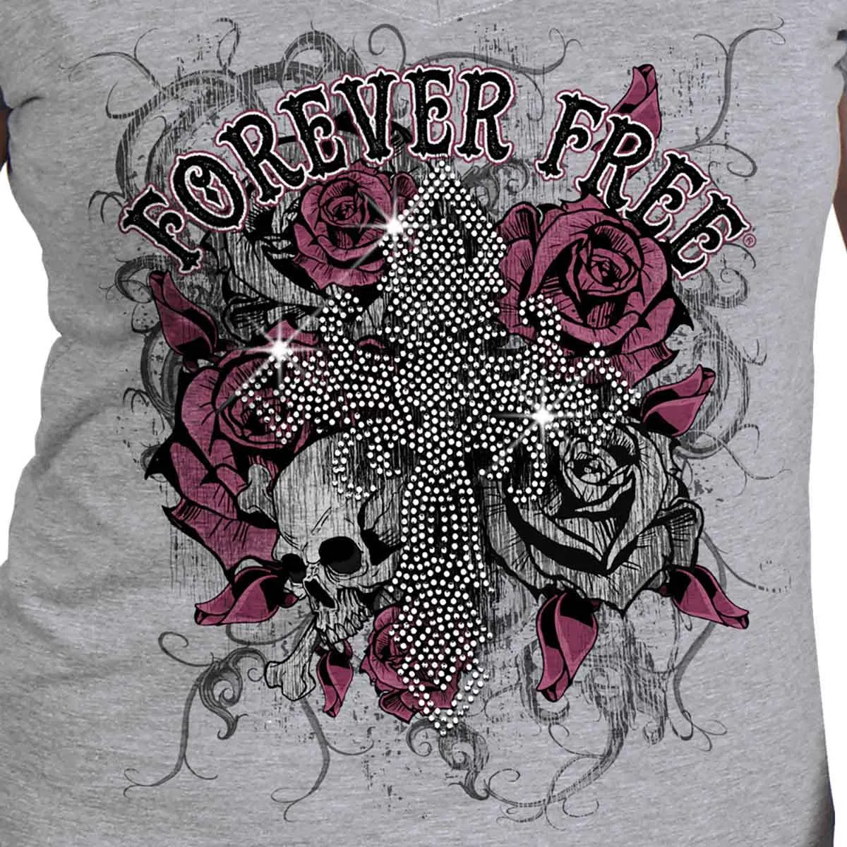 Hot Leathers GLC1557 Ladies Heather Gray Forever Free Cross Bling T-Shirt