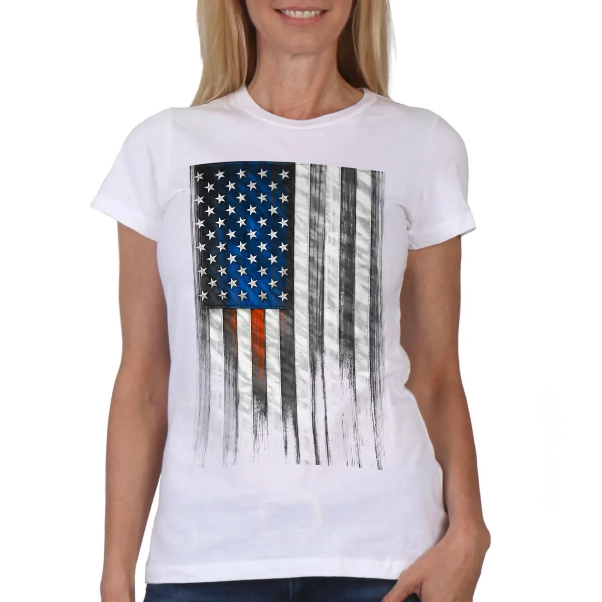 Hot Leathers GLR1569 Ladies White Short Sleeve Heartbeat Flag T-Shirt