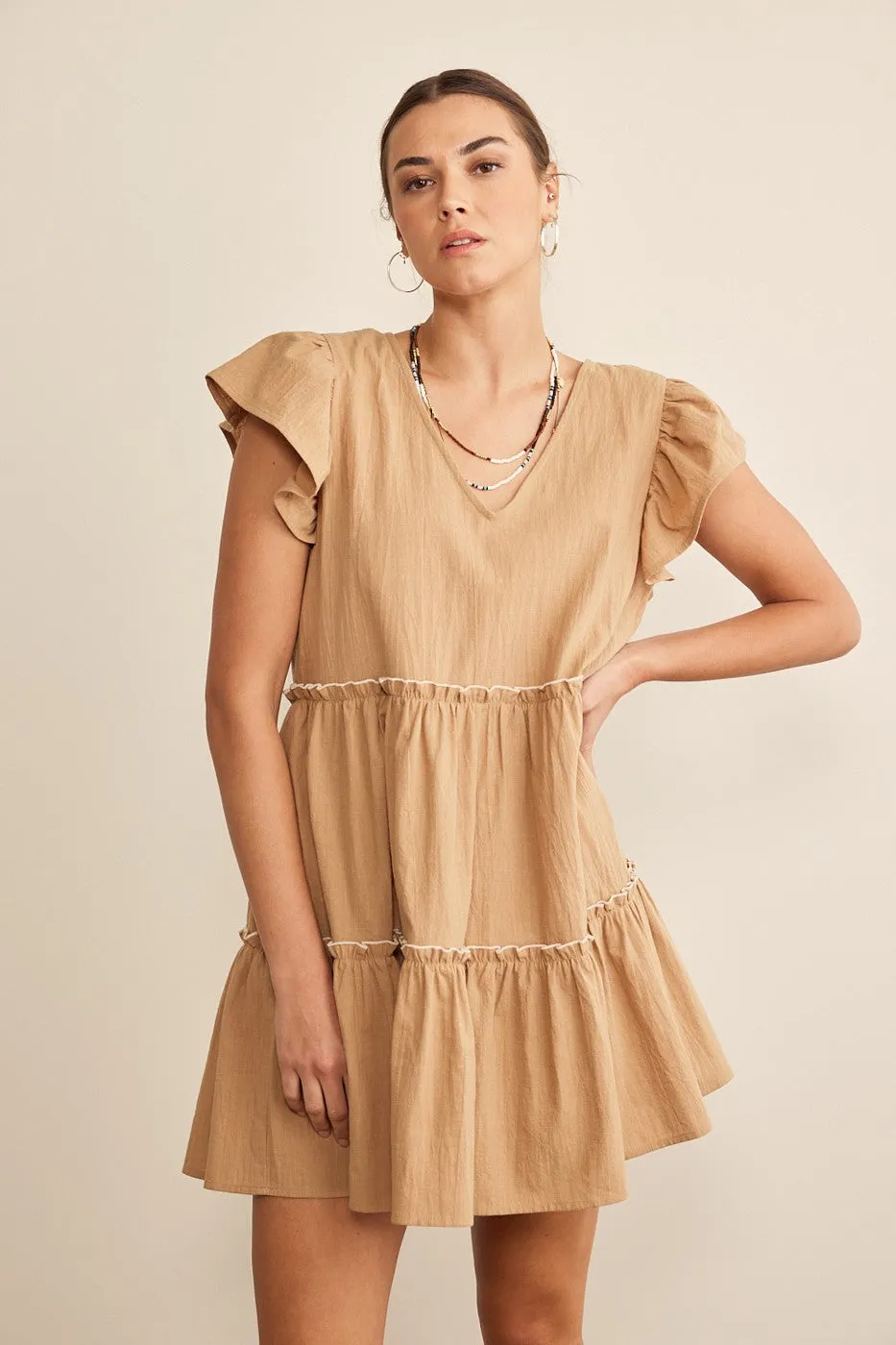 In February Solid Color Tiered Babydoll Dress in Mocha/Cream