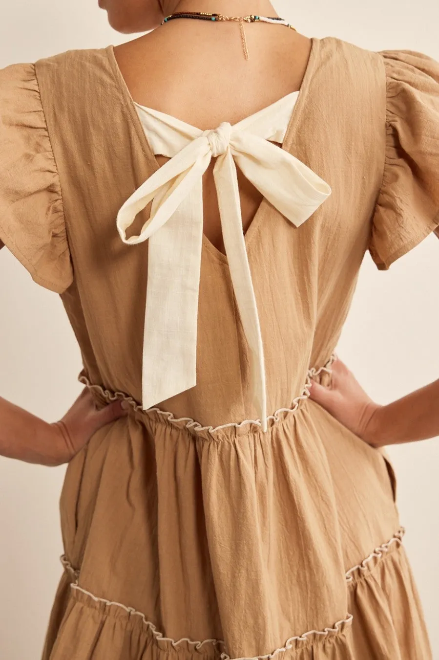 In February Solid Color Tiered Babydoll Dress in Mocha/Cream