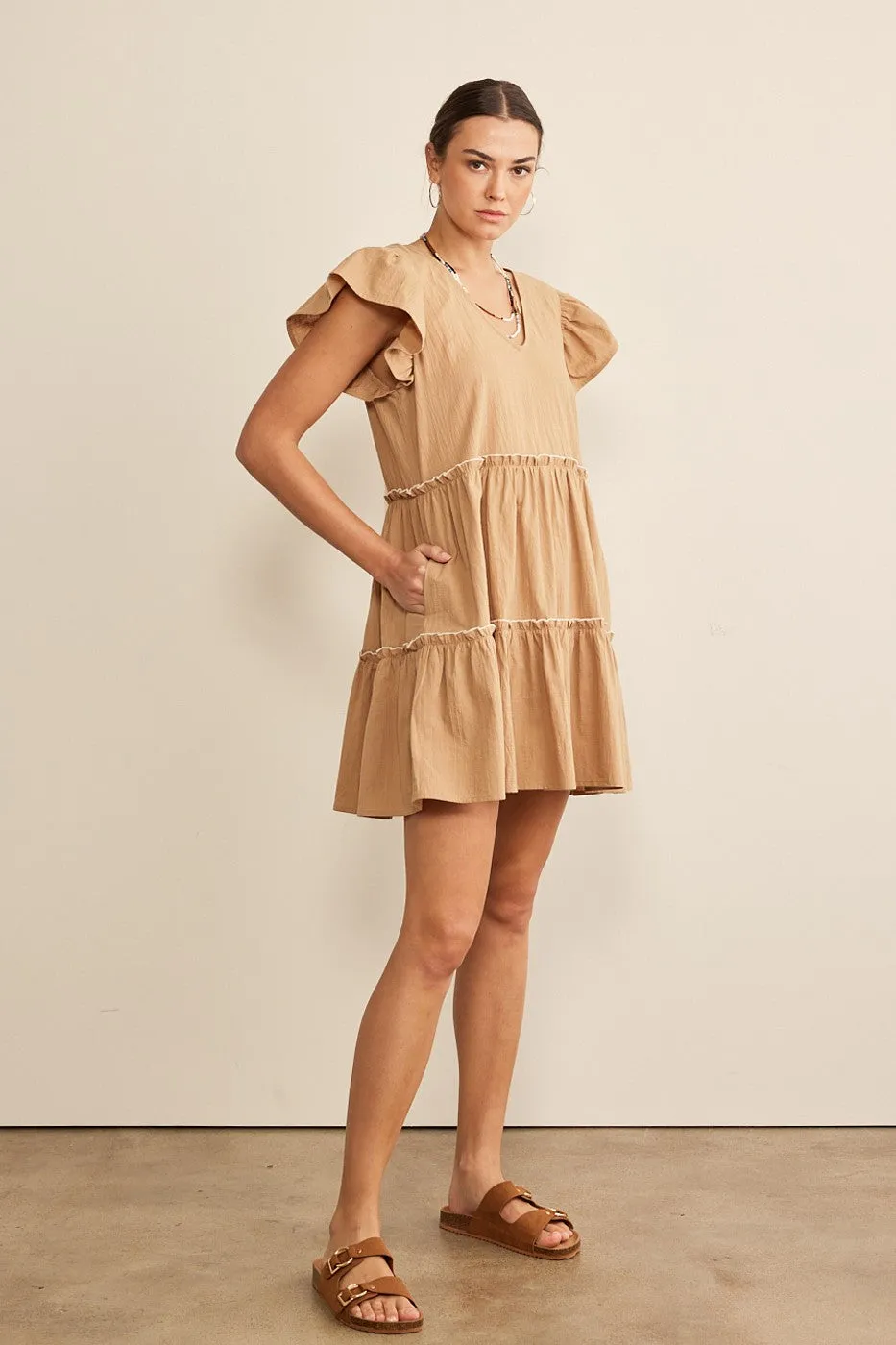 In February Solid Color Tiered Babydoll Dress in Mocha/Cream