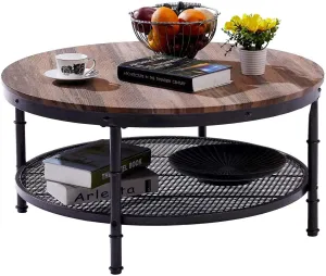 INDIAN DECOR. 38399 Coffee Table Round 28" Industrial 2-Tier Sofa Table with Storage Open Shelf and Metal Legs for Living Room