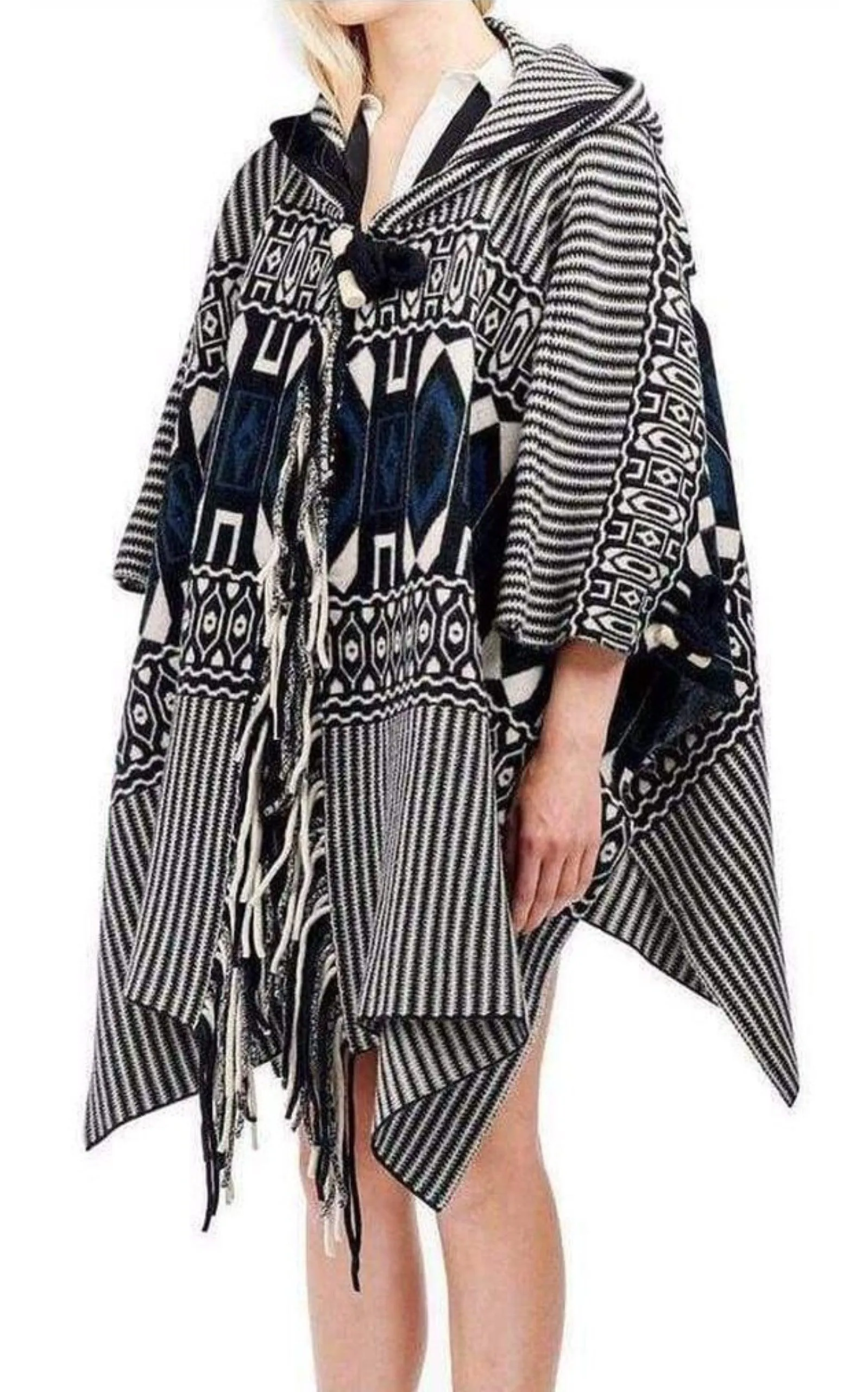 Intarsia Hooded Cape Poncho