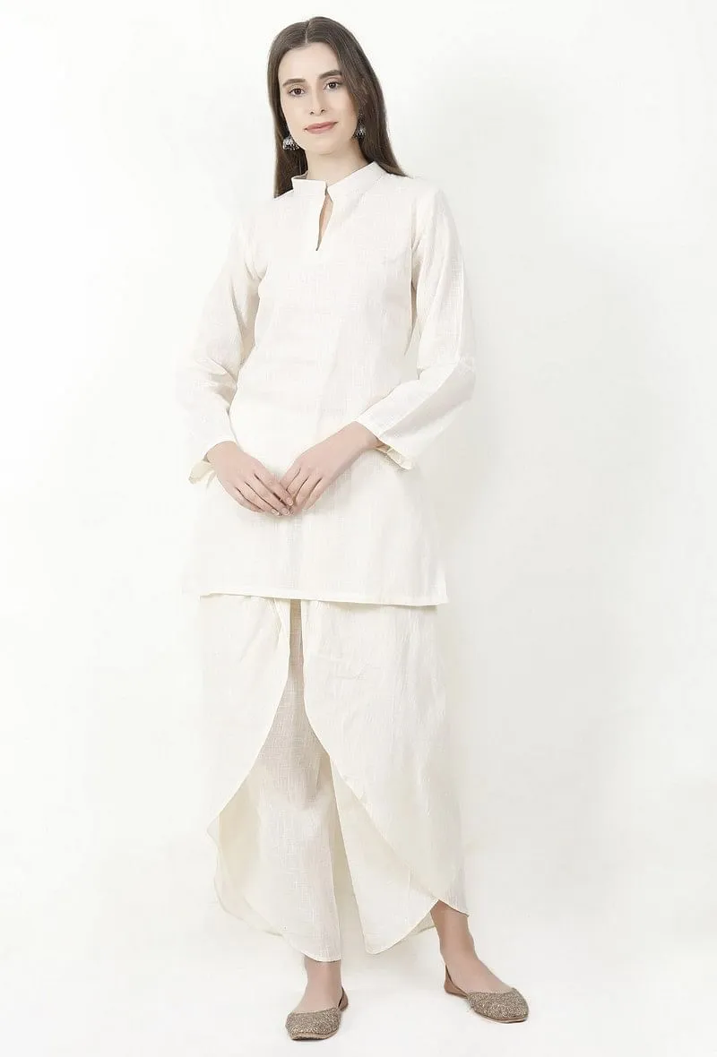 Ivory Cotton Slub Short Kurta With Dhoti