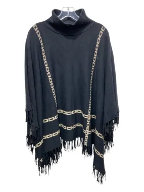 J Mclaughlin Black & Beige Cotton & Modal Mock Neck Fringe Poncho