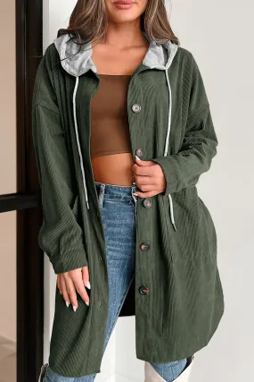 Jungle Green Oversized Hooded Patchwork Corduroy Shacket