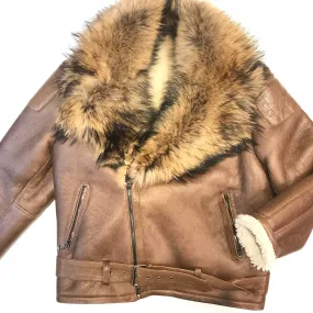 Kashani Chocolate Oversized Fox Collar Shearling Biker Jacket