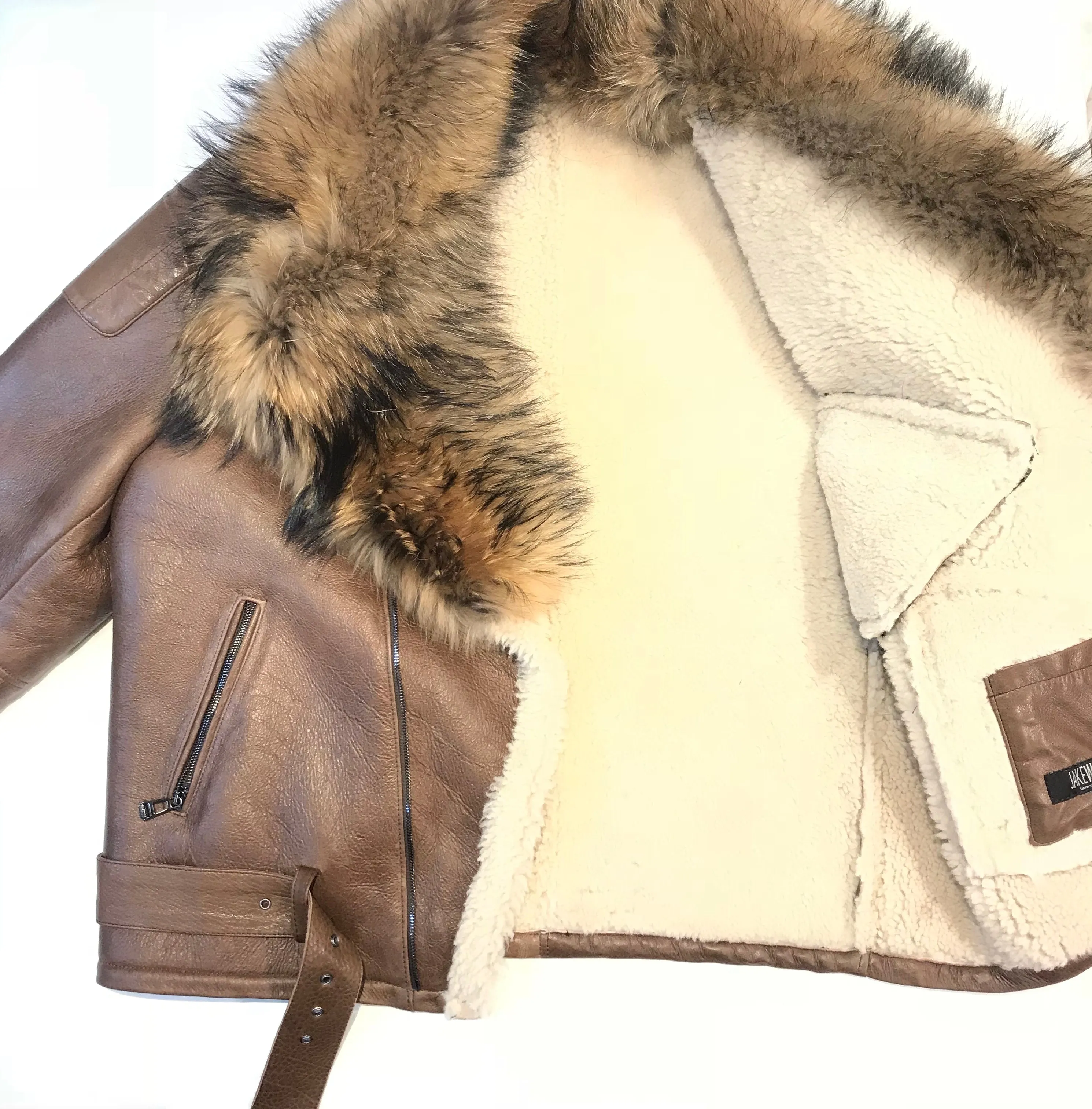 Kashani Chocolate Oversized Fox Collar Shearling Biker Jacket