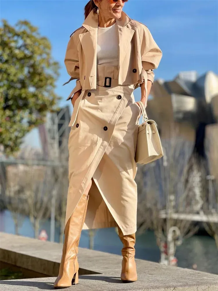 Khaki Loose Short Trench Coat - 2024 Spring Fashion Solid Crop Ladies High Street Oversized Outwear Jacket