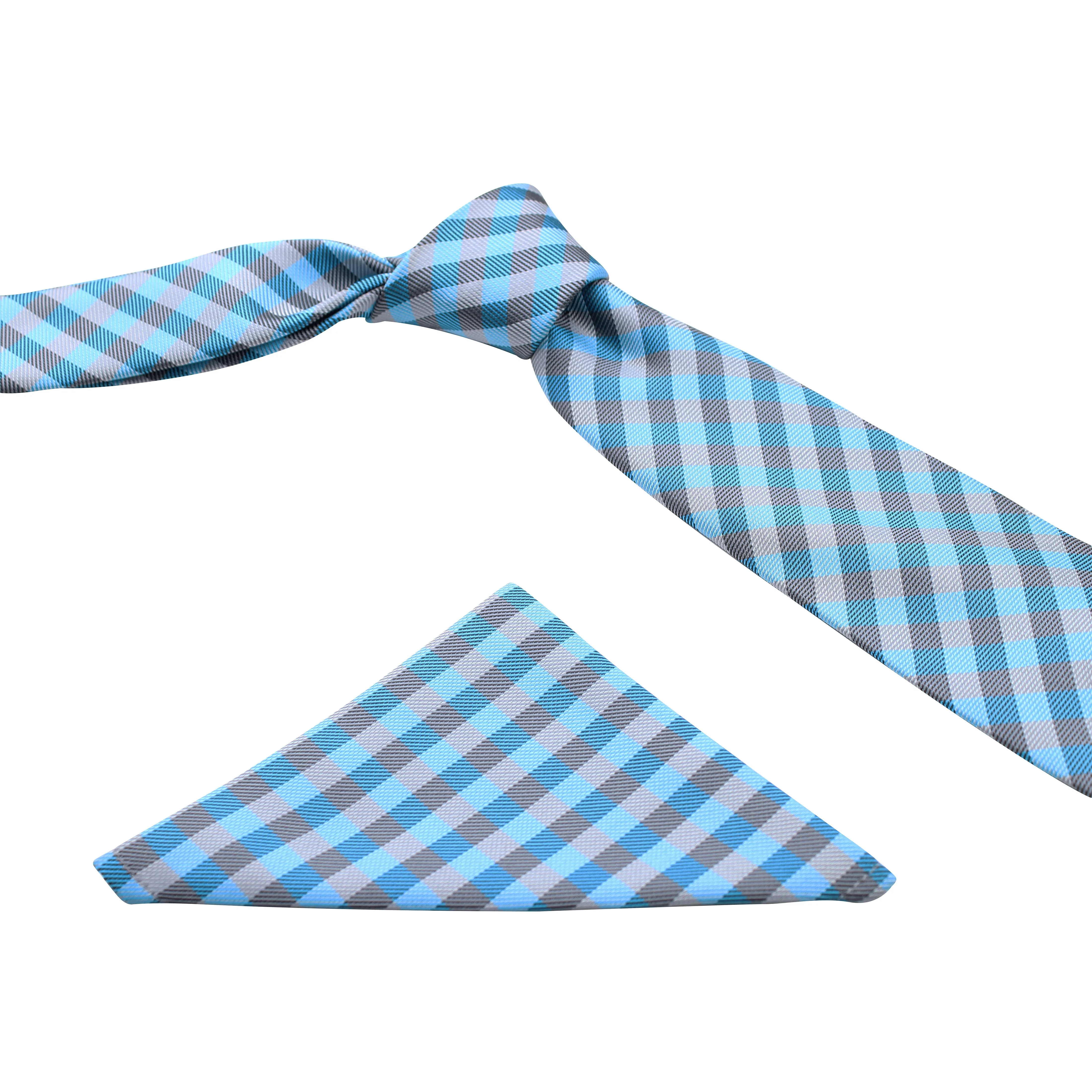 Kovove Elegant Cyan Checkered Necktie and Pocket Square Gift Box