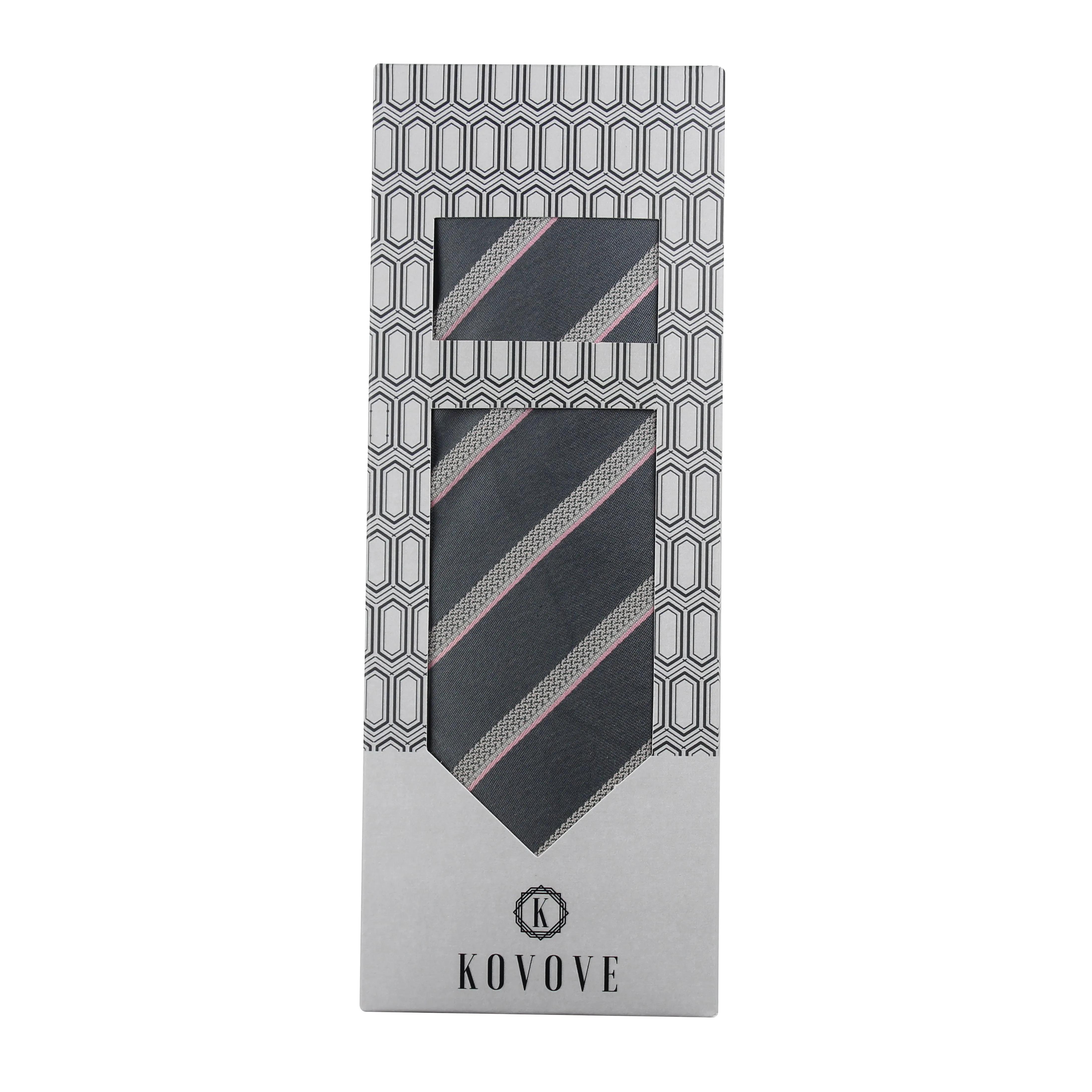 Kovove Elegant Gray Striped Necktie and Pocket Square Gift Box