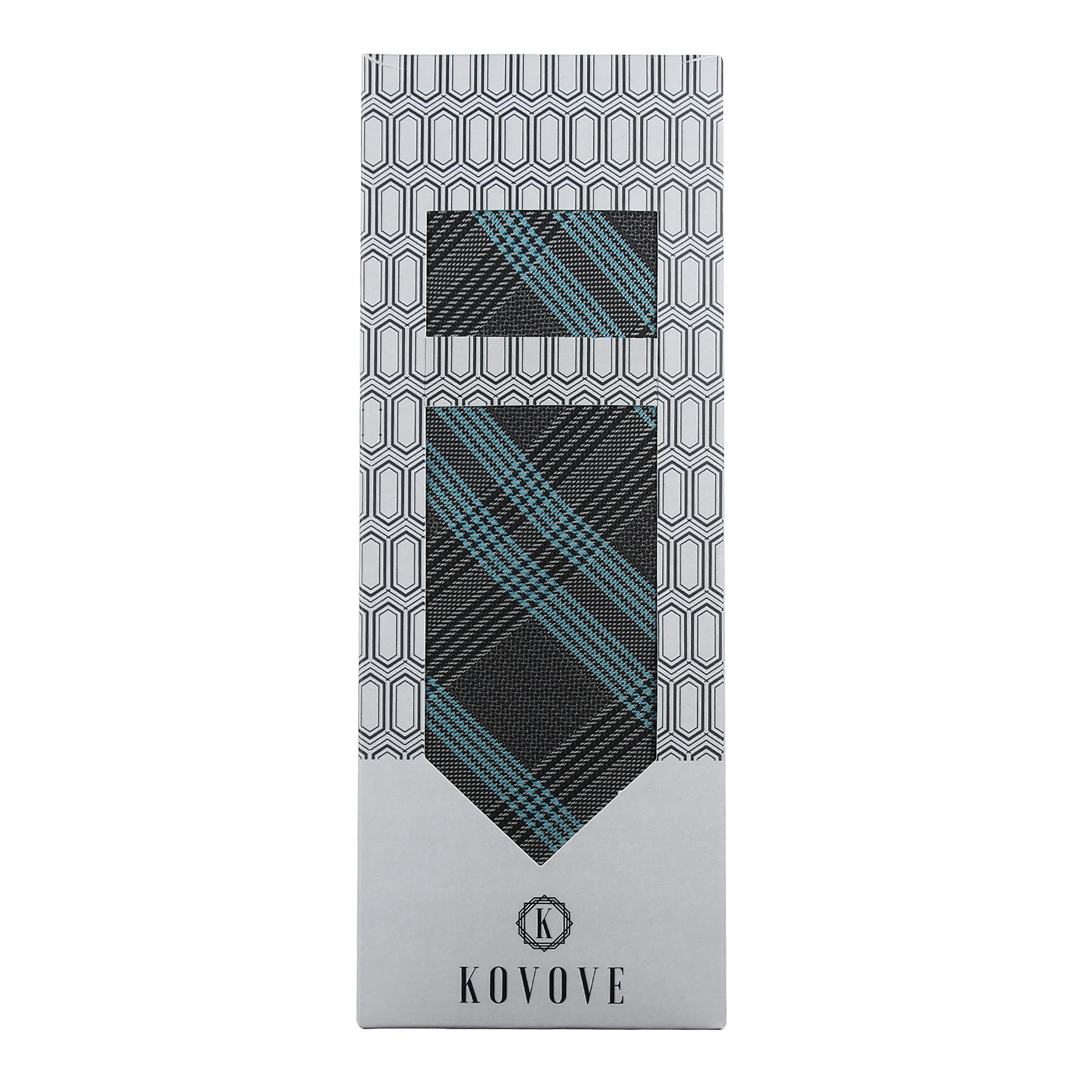 Kovove Elegant Grey Checkered Necktie and Pocket Square Gift Box