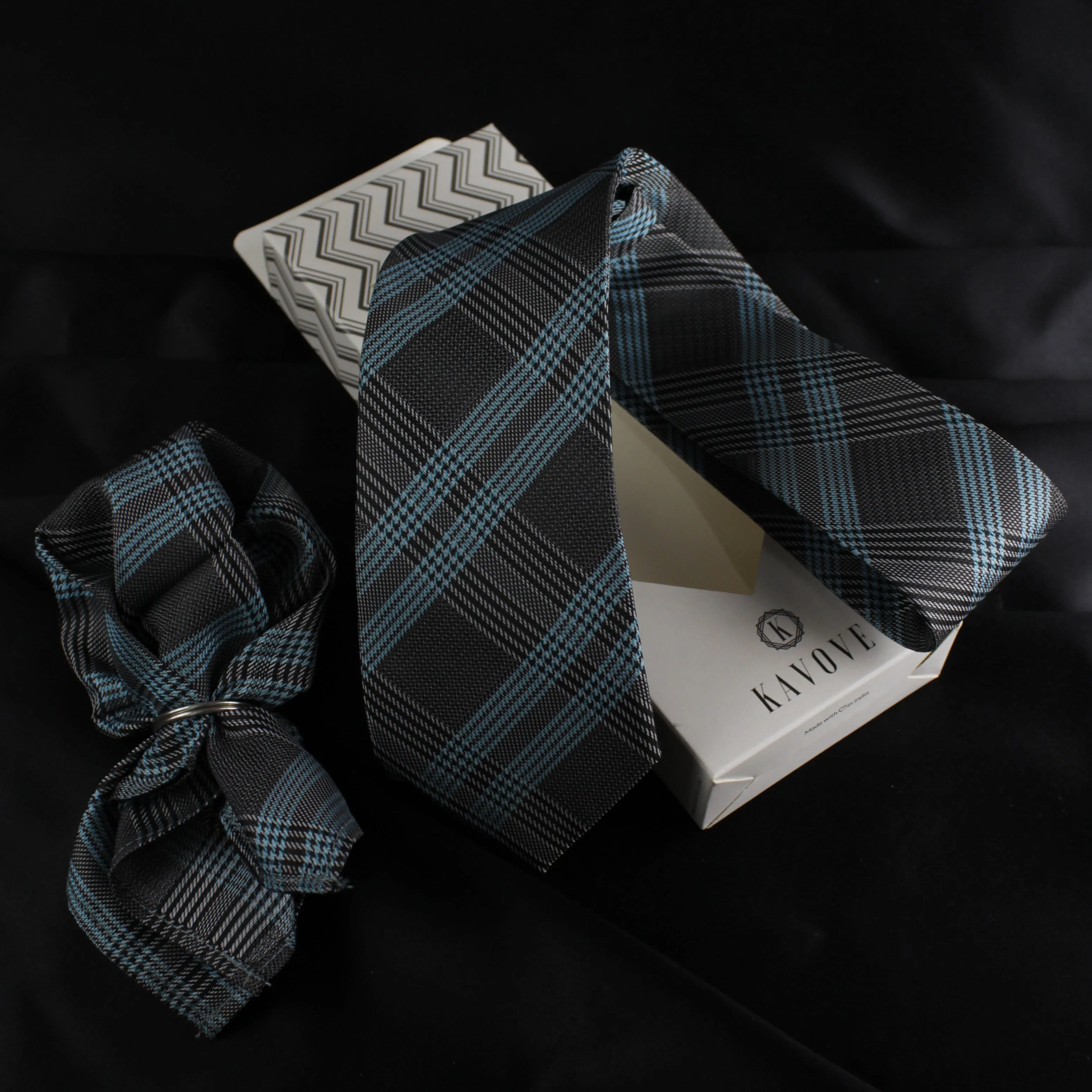 Kovove Elegant Grey Checkered Necktie and Pocket Square Gift Box