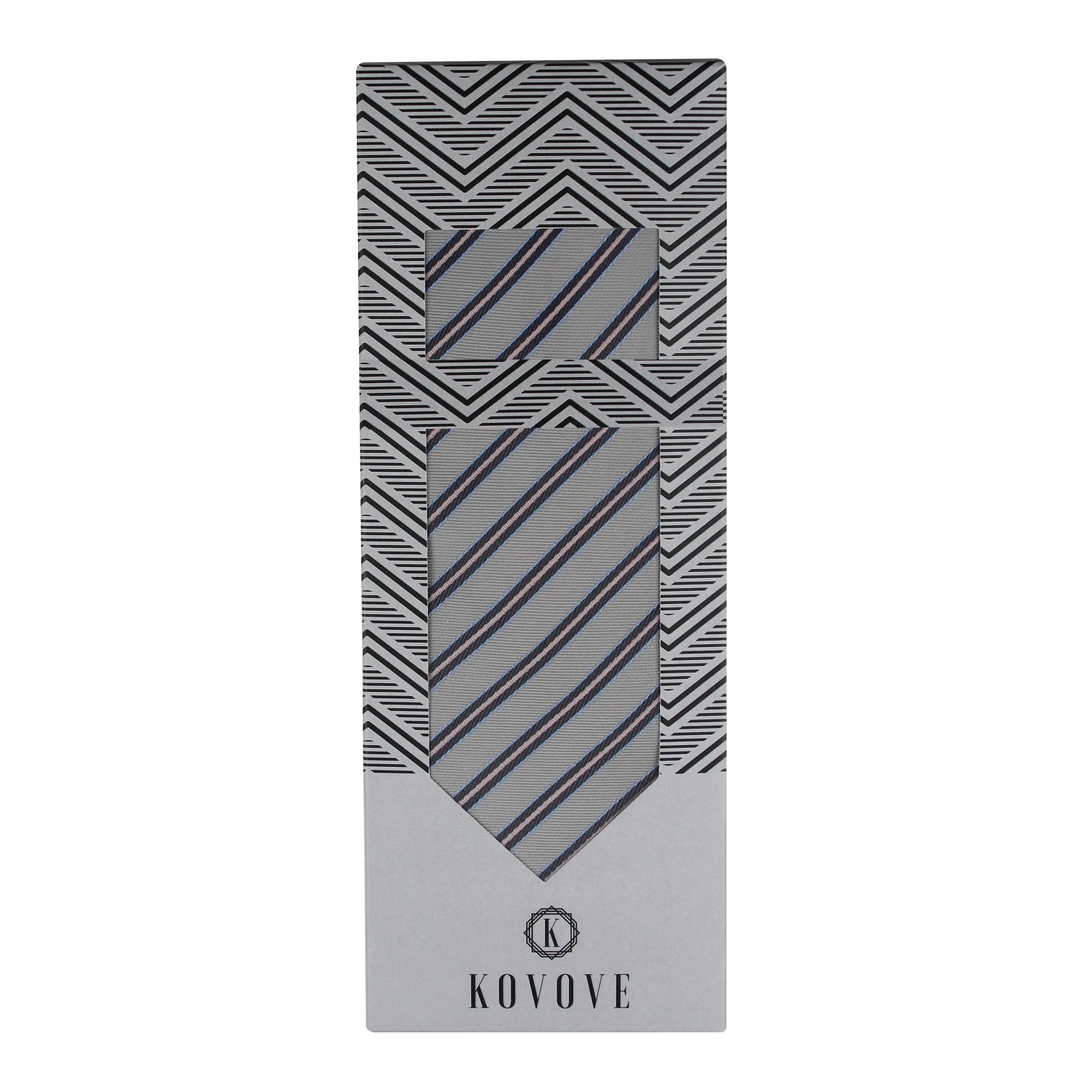 Kovove The Striped Delight Grey Necktie and Pocket Square Gift Box