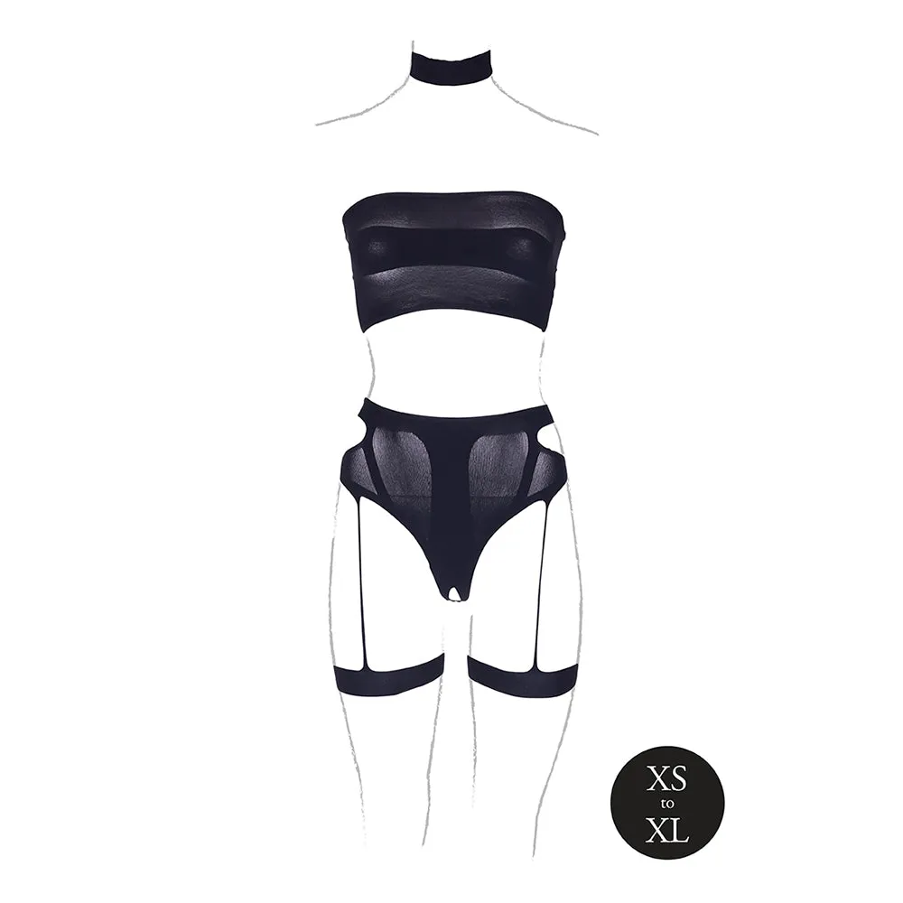 Le Desir Shade Ananke XII Choker, Bandeau Top & Panty with Garters Black O/S