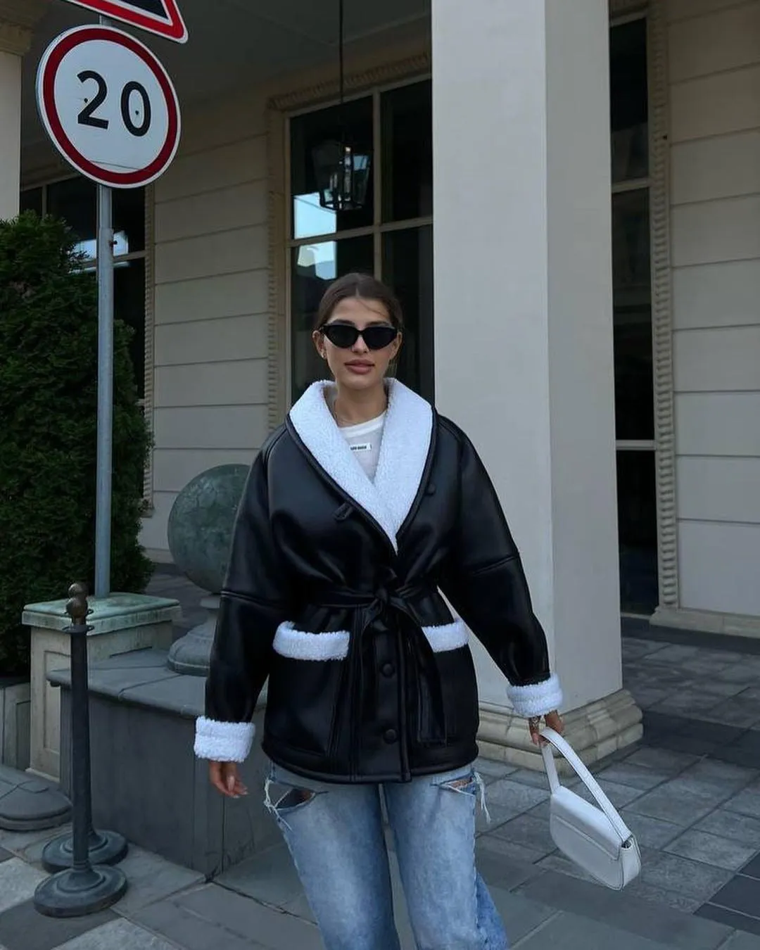 Leather And Fur  Long Sleeve Splicing Coat Women