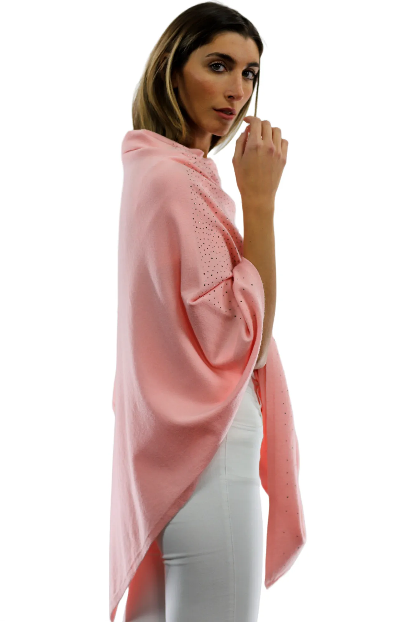 Light Weight Poncho with Embellishments - Pink