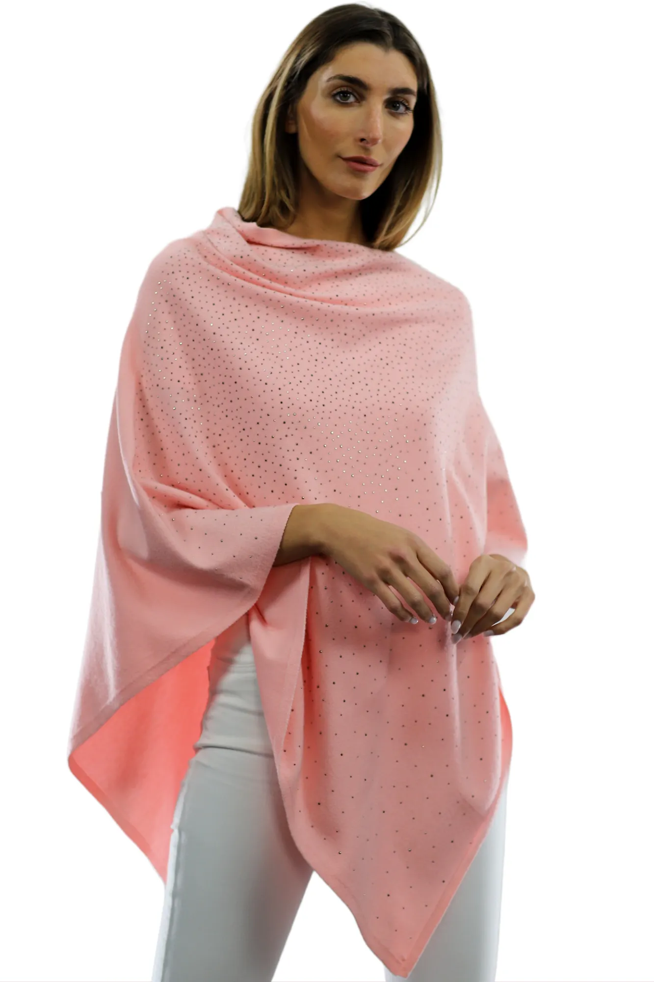 Light Weight Poncho with Embellishments - Pink