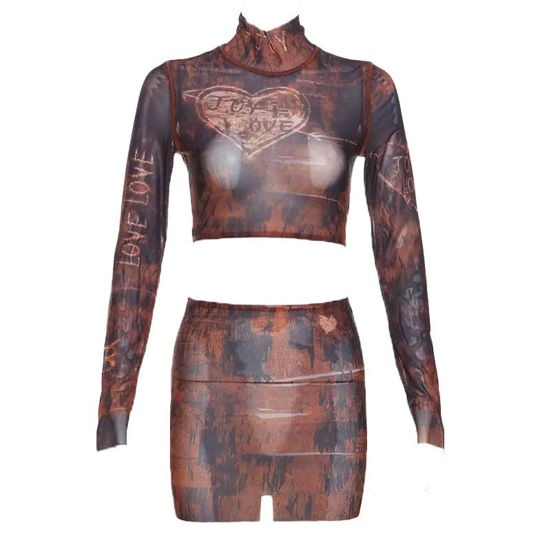 Long sleeve high neck print sheer mesh crop mini skirt set