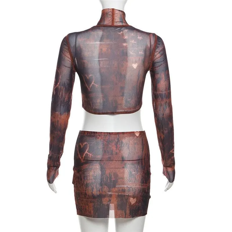 Long sleeve high neck print sheer mesh crop mini skirt set