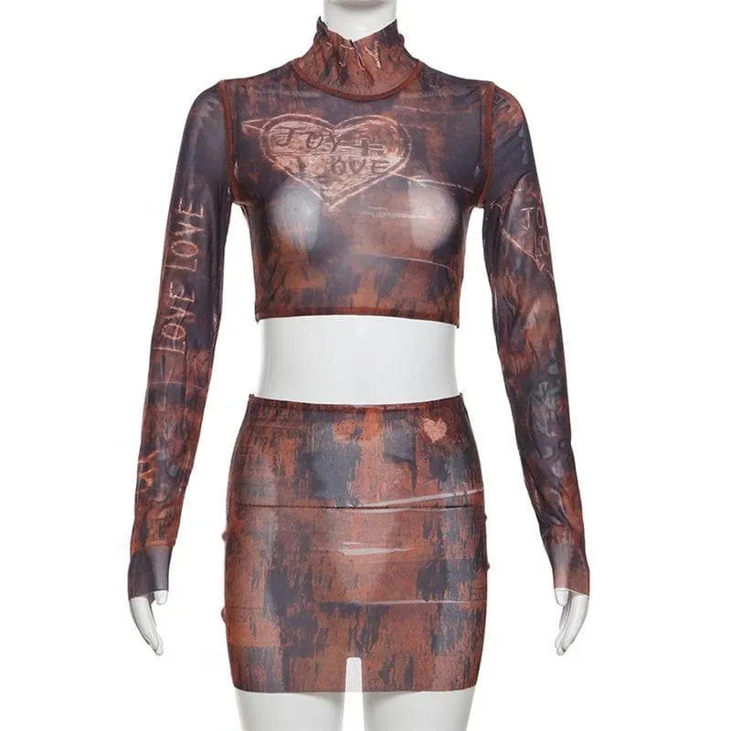 Long sleeve high neck print sheer mesh crop mini skirt set