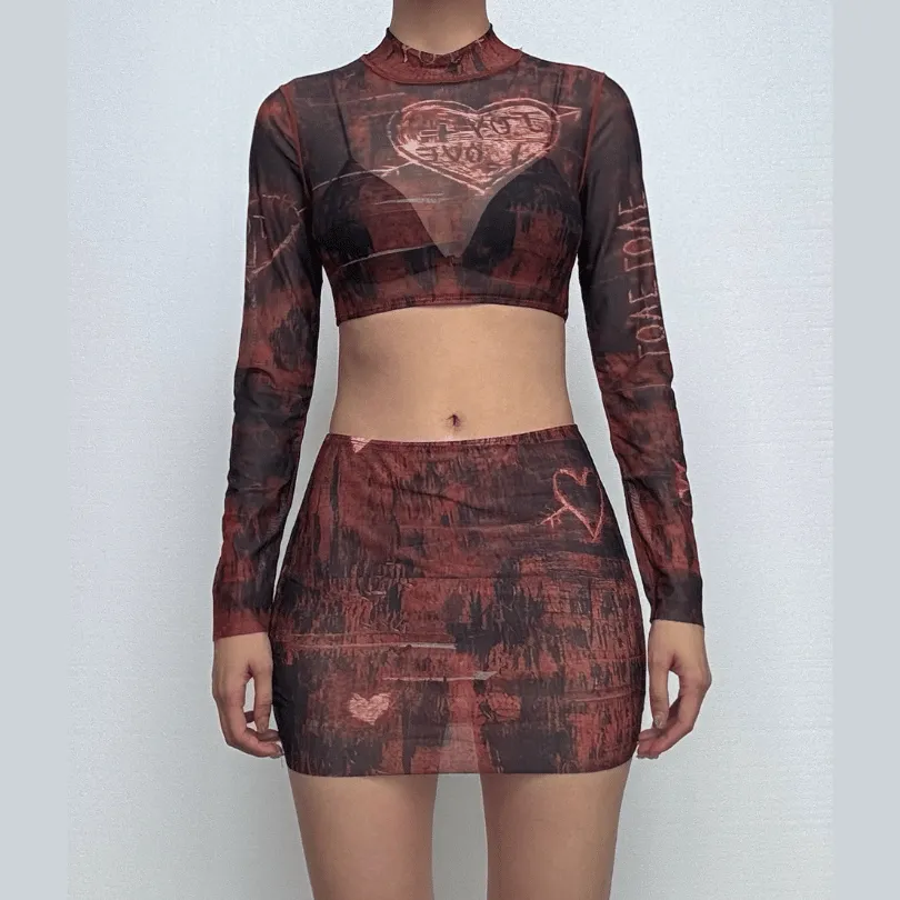 Long sleeve high neck print sheer mesh crop mini skirt set