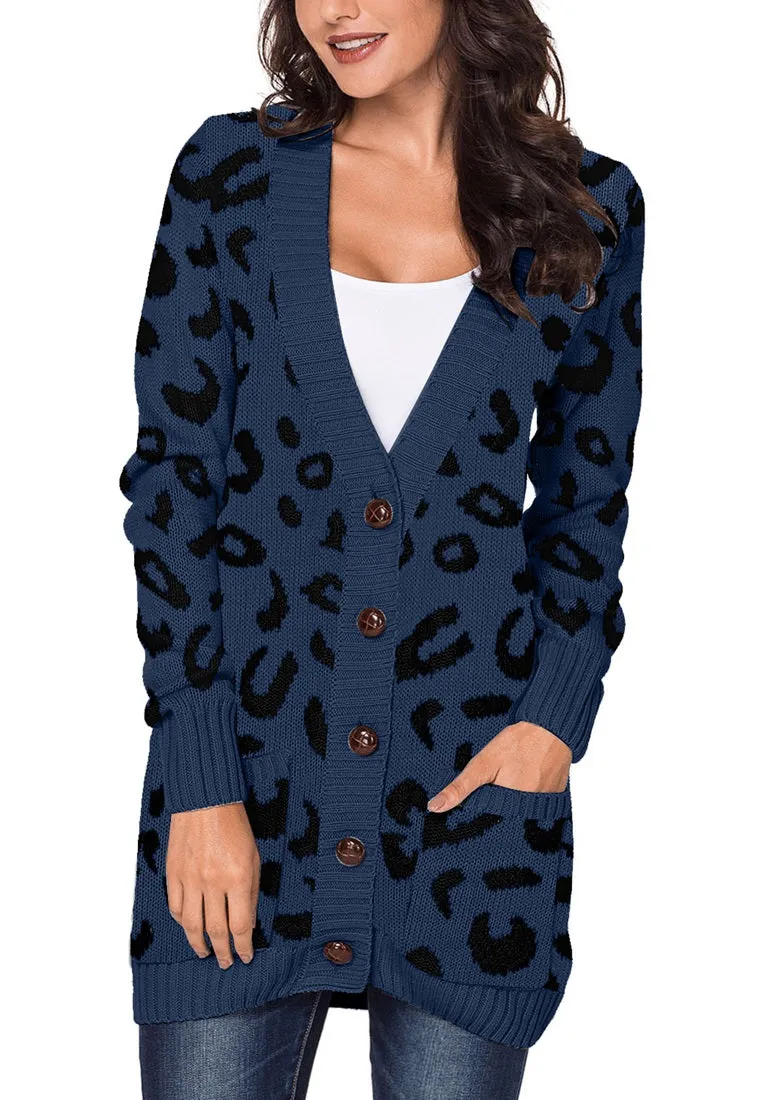 LookbookStore Women Open Front Knit Cardigan Leopard Print Button Down Sweater Coat