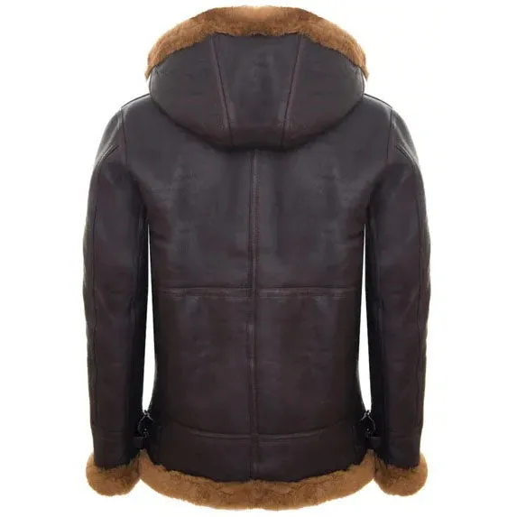 Men's Brown Shearling Sheepskin Coat with Detachable Hood