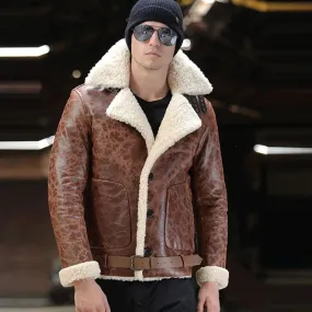 Mens Genuine Winter Airforce Aviator Sheepskin Leather Jacket