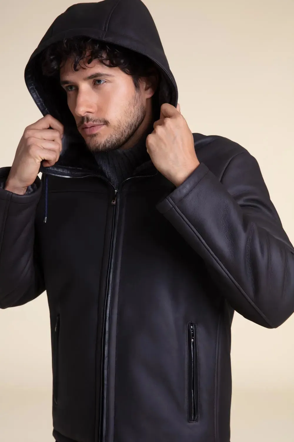 Mens shearling jacket with hood