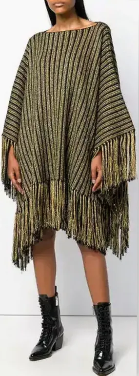 Metallic Striped Oversized Poncho with Fringed Hem and Matching Scarf