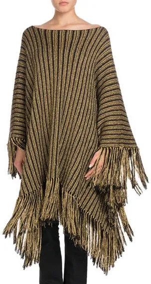 Metallic Striped Oversized Poncho with Fringed Hem and Matching Scarf